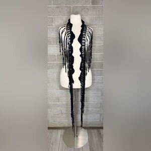 Vintage Black Fringe Shawl Collar Capelet Flapper Style Lace Wrap